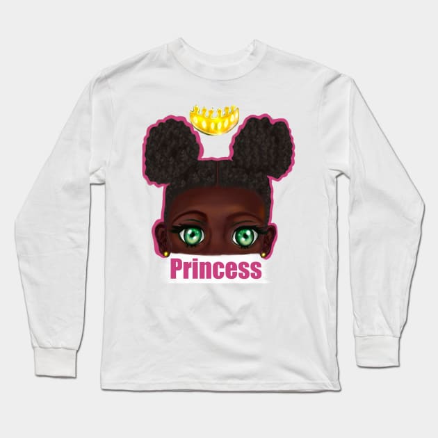 Princess - beautiful black girl with Afro hair in puffs, green eyes and dark brown skin side profile. Hair love ! Long Sleeve T-Shirt by Artonmytee